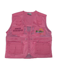 A pink Jr. Zookeeper vest with multiple pockets and a logo on the front, designed for children.