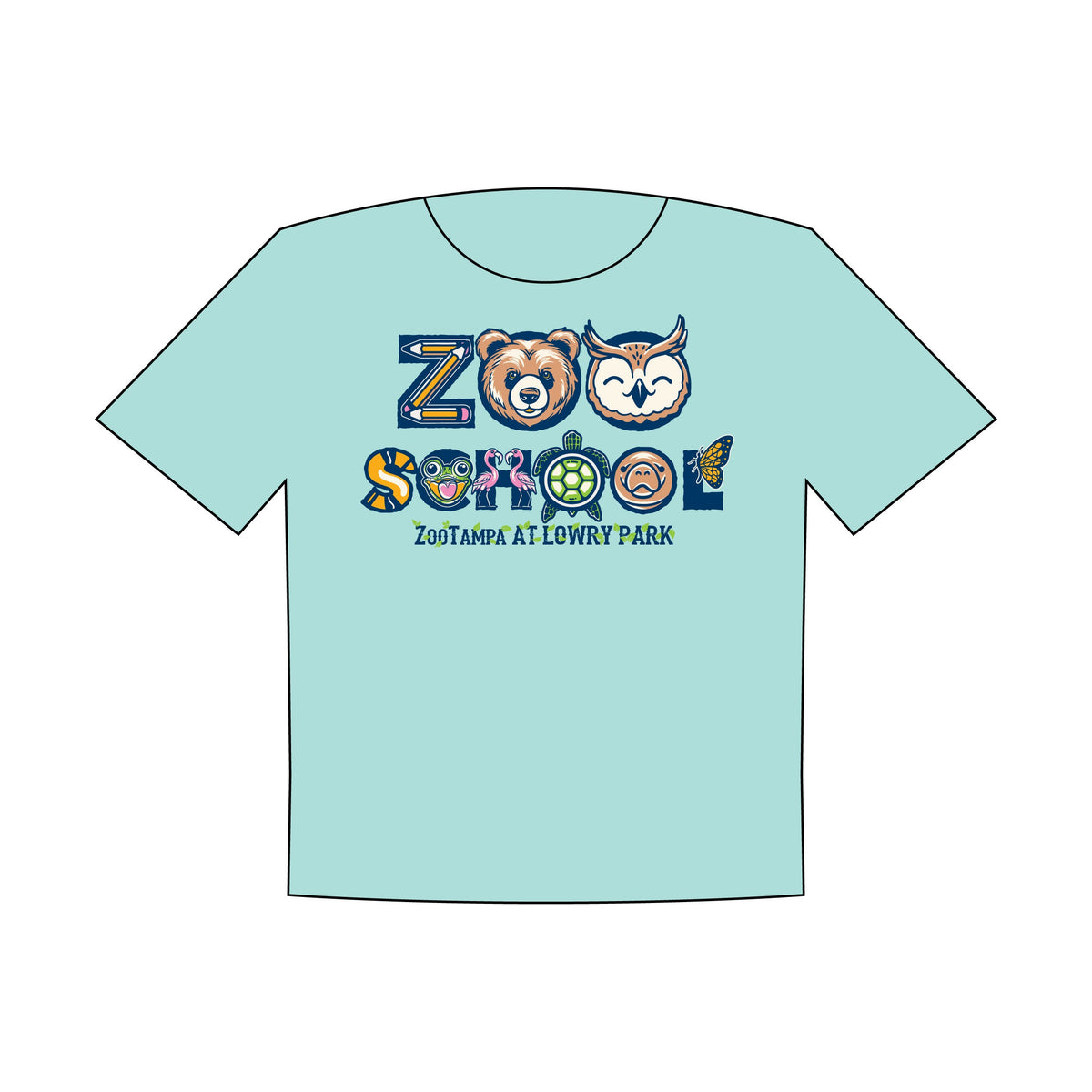 Illustration of a toddler Zoo School tee in chill blue with text and cartoon animal graphics.