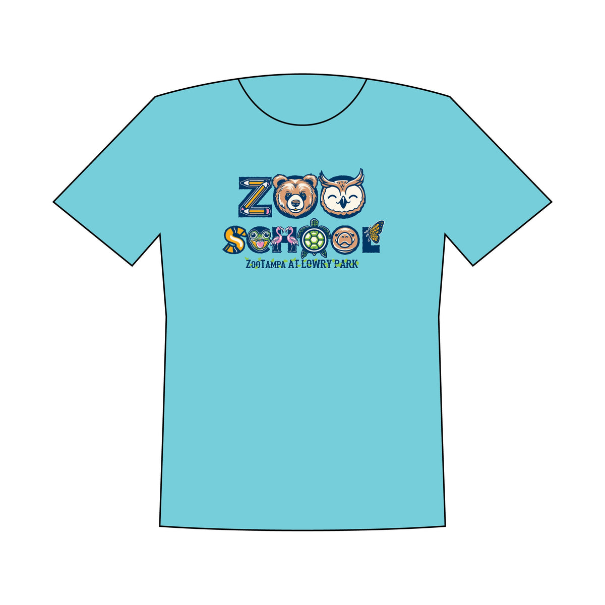 Illustration of a lagoon blue youth t-shirt with the text 'ZOO SCHOOL' and depicting animals from a zoo on the front.