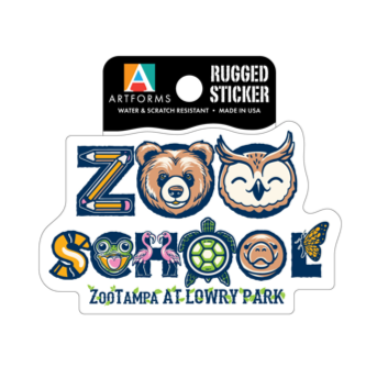 A colorful sticker featuring illustrations of animals commonly found in a zoo, with the text 'ZOO SCHOOL' prominently displayed.