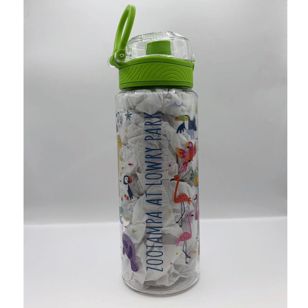 A clear plastic water bottle with a bright green lid and carrying loop, decorated with colorful flamingos and the text 'ZOOTAMPA AT LOWRY PARK'.