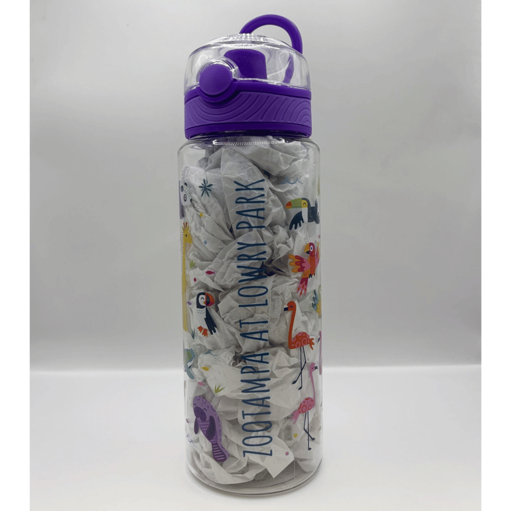 A clear plastic water bottle with a purple lid and handle, decorated with colorful illustrations of birds, flamingos, and the text 'ZOOTAMPA AT LOWRY PARK' printed vertically on the front.
