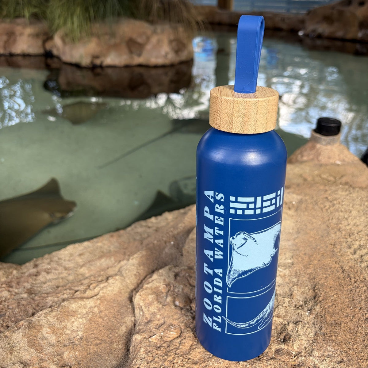 A blue reusable water bottle with a bamboo-look wooden cap and blue loop handle, standing on a rock in front of an outdoor aquariumg. The bottle has white vertical text reading 'ZooTampa Florida Waters' and a white stingray graphic.