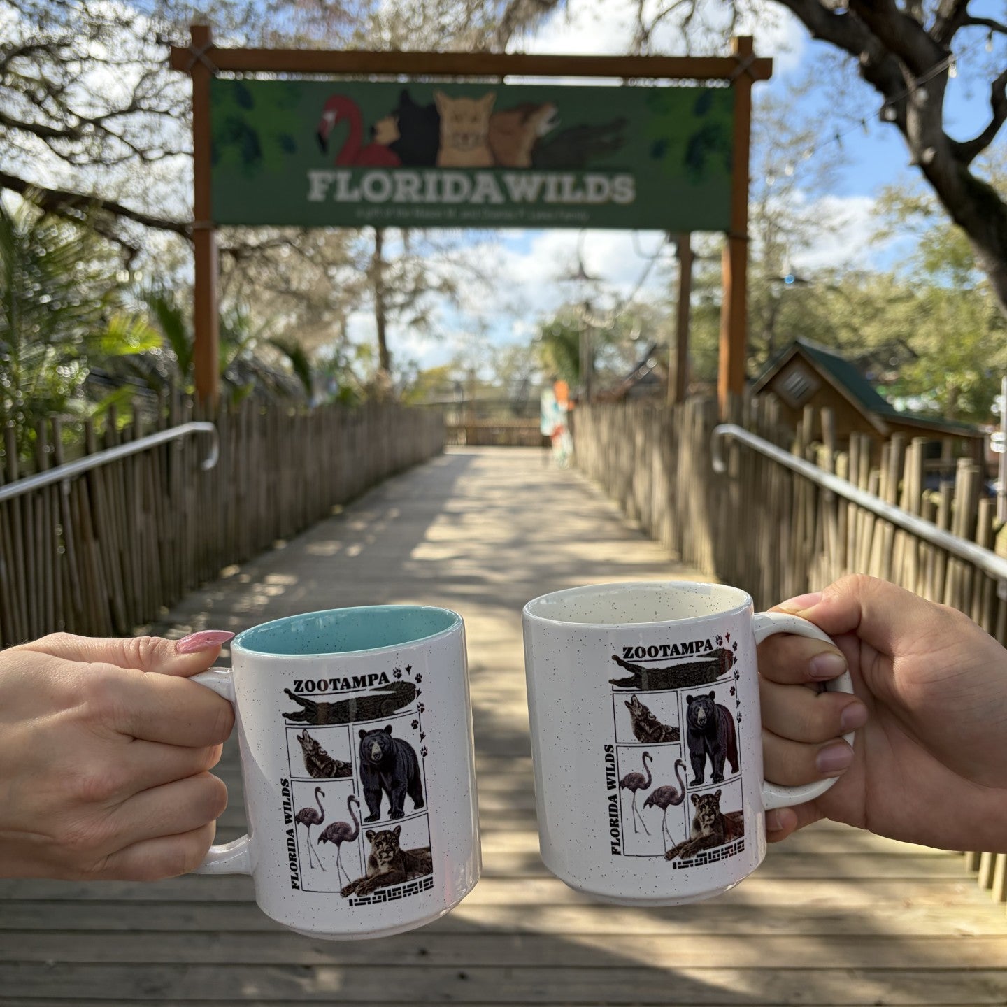 Two hands holding white ceramic mugs with Florida Wilds themed graphics, clinking in front of a Florida Wilds sign on a wooden boardwalk outdoors.