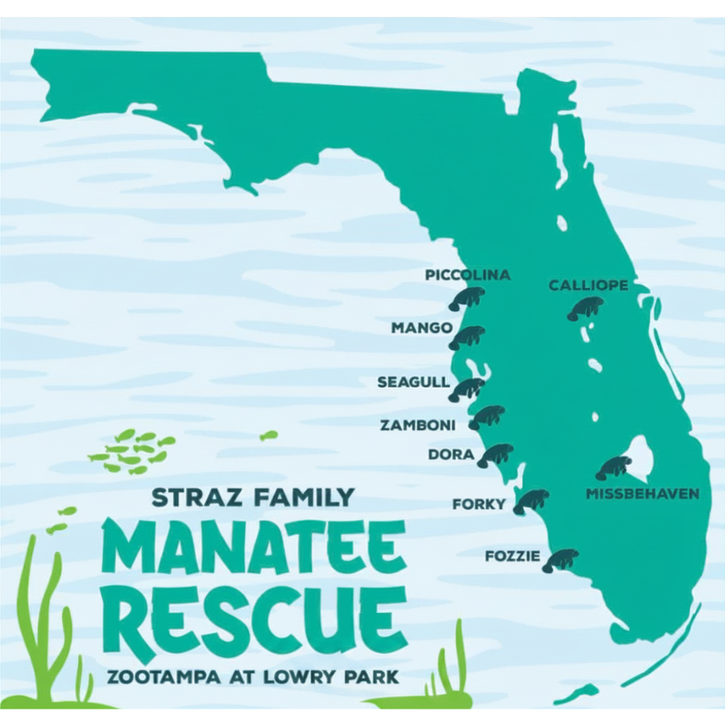 A stylized map graphic of Florida with the Straz Family Manatee Rescue ZooTampa at Lowry Park text and several manatee silhouettes placed along the coast, on a pale blue water-like background.