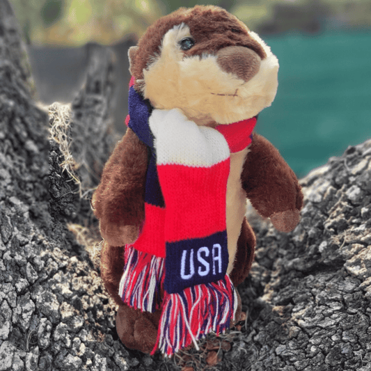 A river otter plush sitting on a tree stump wearing a red, white, and blue striped scarf with USA embroidered on it.