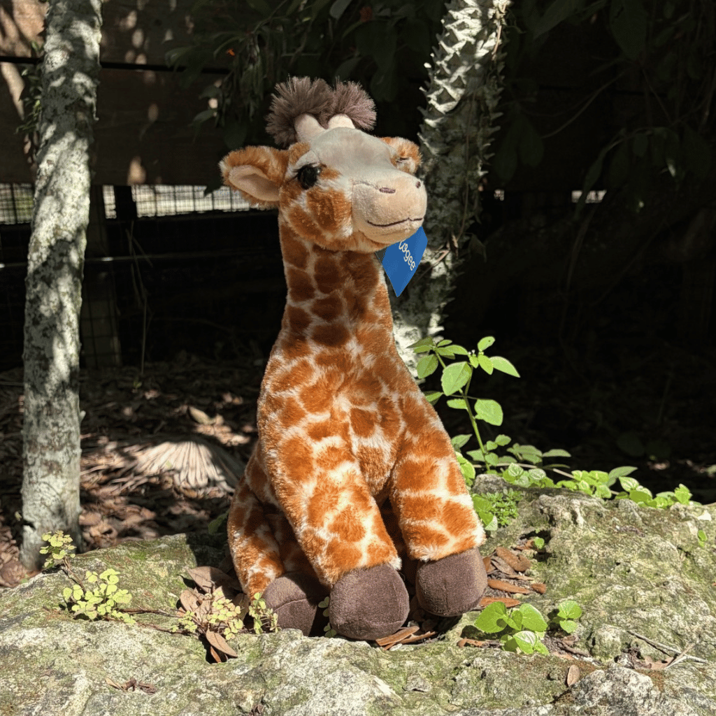 A plush giraffe toy sitting outdoors on a mossy rock, with tree trunks and green plants in the background. The toy has an orange and brown spotted pattern, a light beige face and neck, dark brown hooves, and a small blue tag attached near its neck.