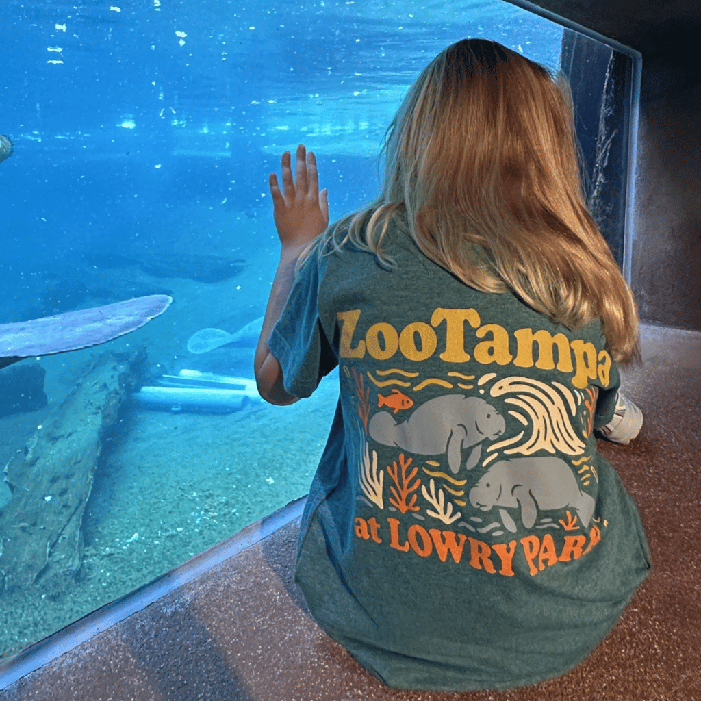 A person seen from behind wearing a teal graphic t-shirt with 'ZooTampa at LOWRY PARK' and manatee illustration, sitting in front of a large aquarium window.