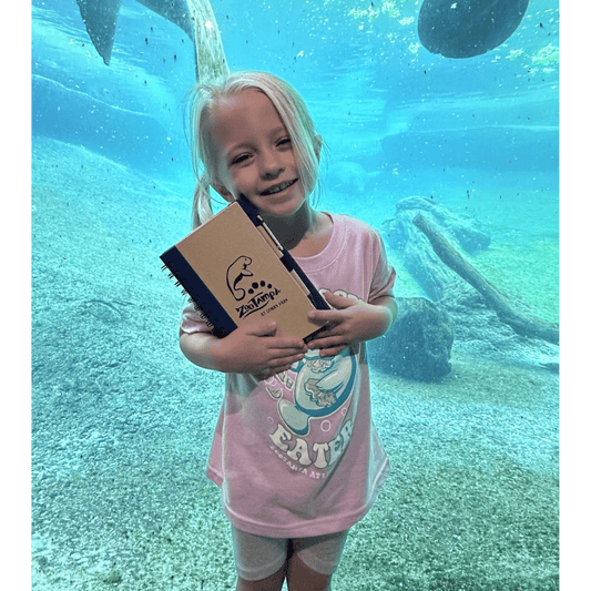 A young girl with blonde hair stands in front of an aquarium, holding a notebook with the brand 'ZooTampa' visible on the cover.